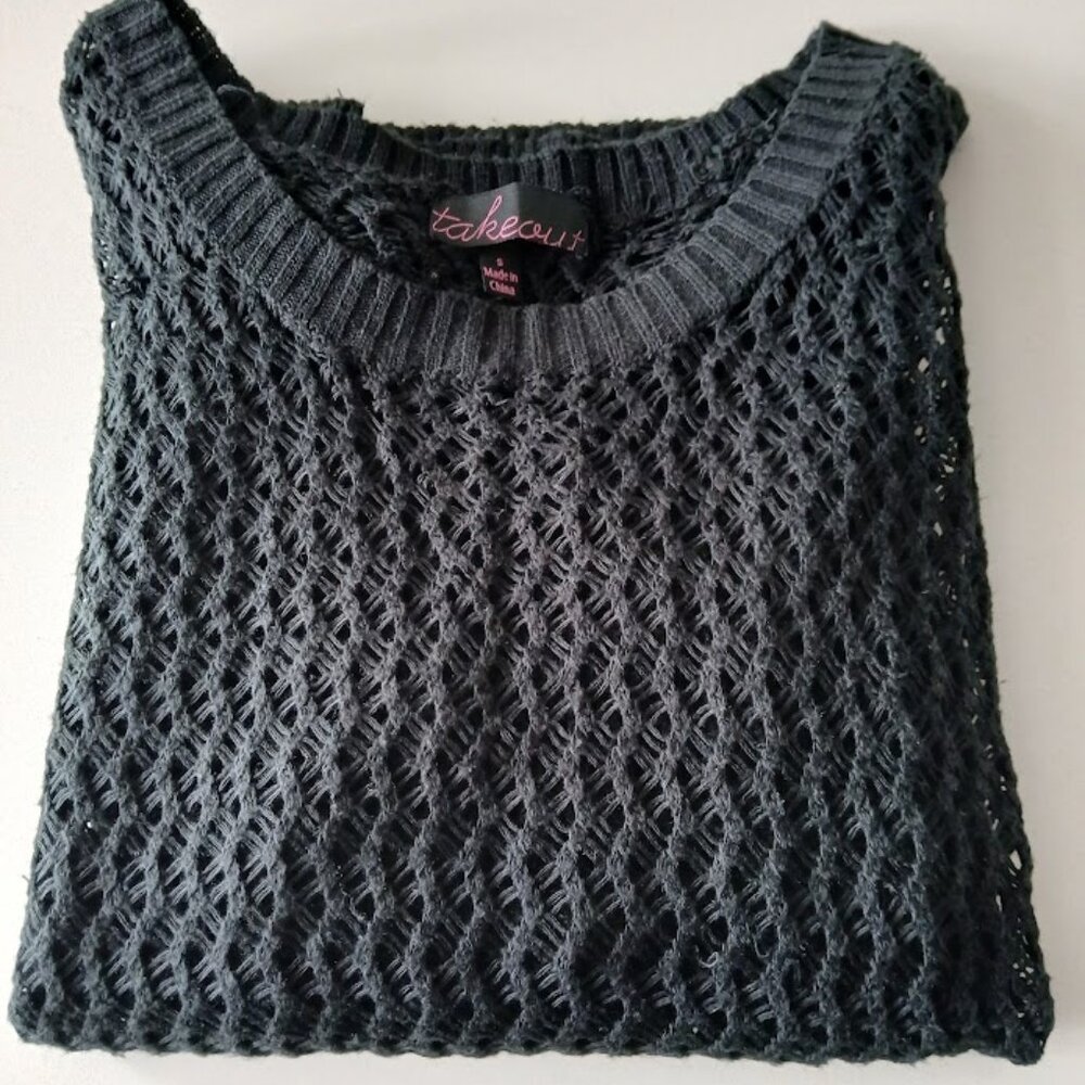 Takeout Black Open Knit Cold Shoulder Sweater -
